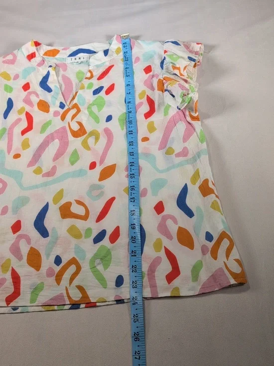 Anthropologie THML Abstract Cotton V-Neck Top with Flutter Sleeves Size Med - Picture 5 of 8